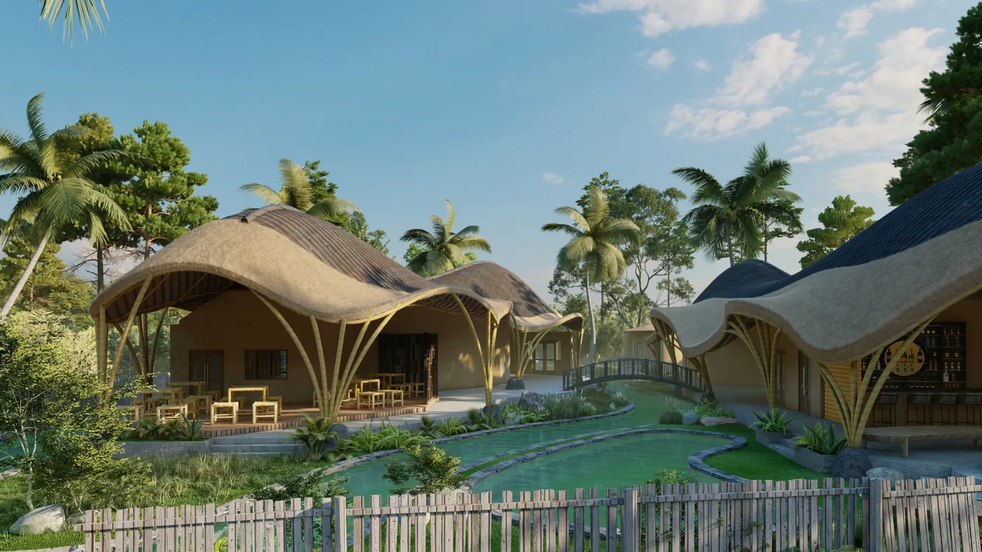 Agartha: thatched eco-retreat buildings around a natural pool