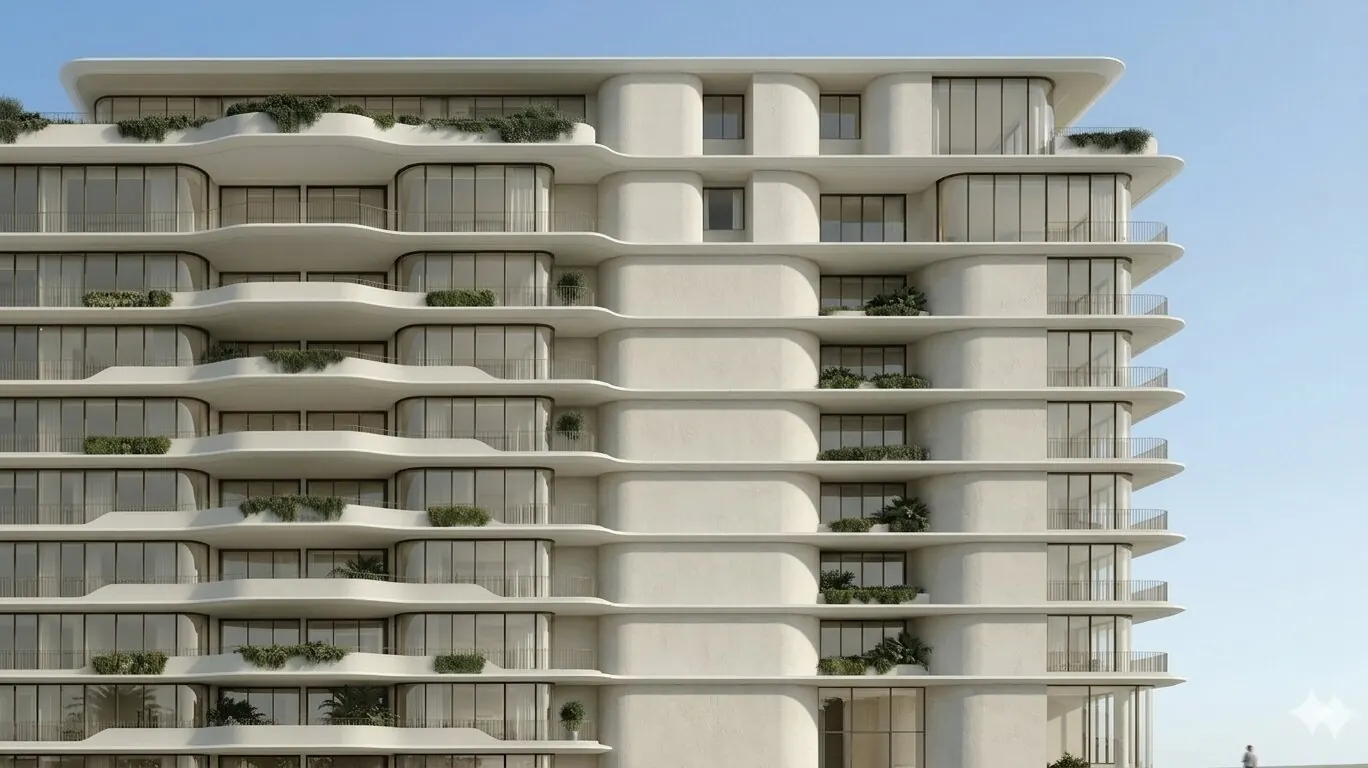 MODCON ONE: a white tower with curved, planted balconies